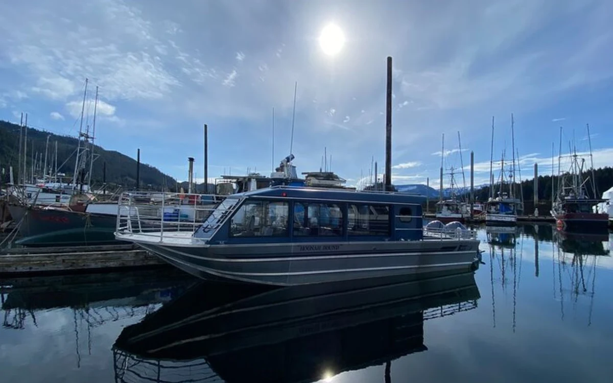 Fishing boats tied up along the docks in Hoonah harbour